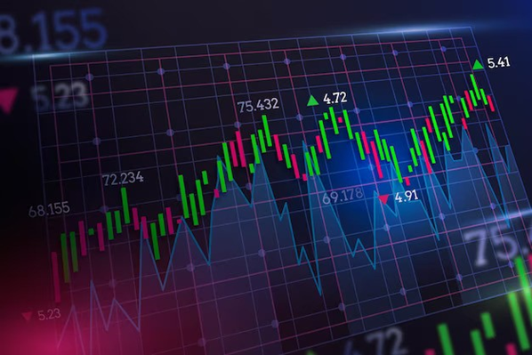 Image of a candlestick chart showing a fluctuating market.