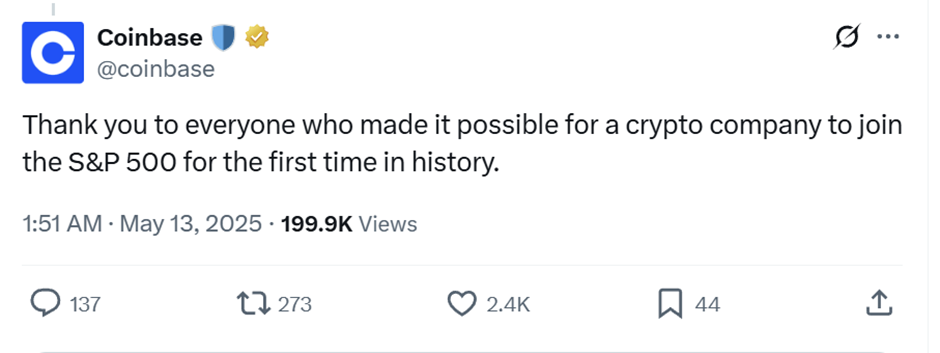 Tweet from Coinbase thanking those who made it possible for them to join the S&P 500