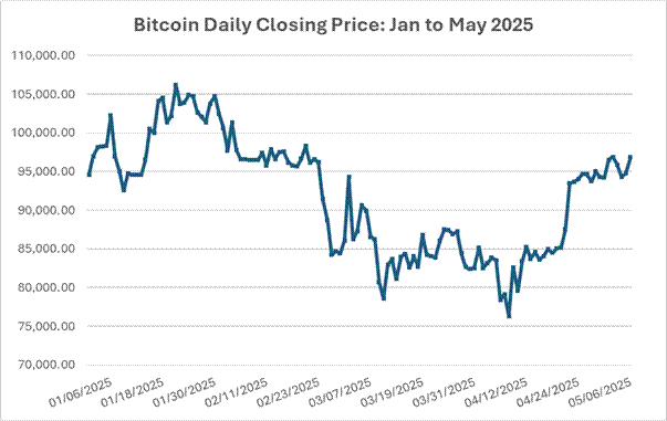 Price of bitcoin from Jan 2025 to May 2025. Price starts at 95,000 and ends around 96,000.