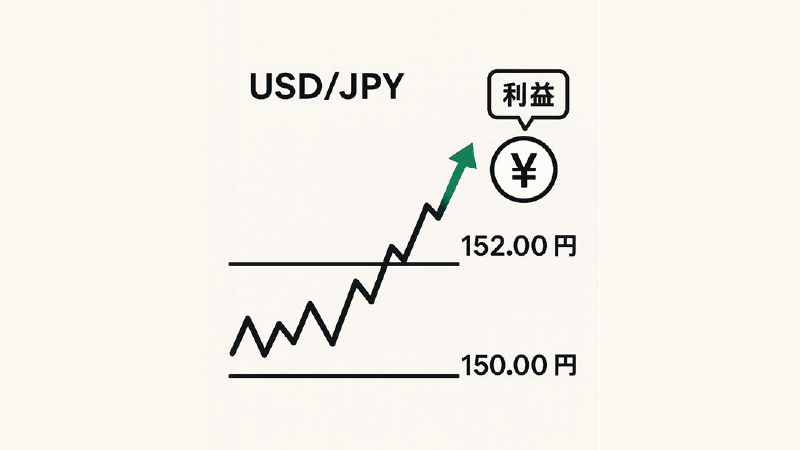  Simple image of USDJPY long position at 150.00, being in profit at 152.00