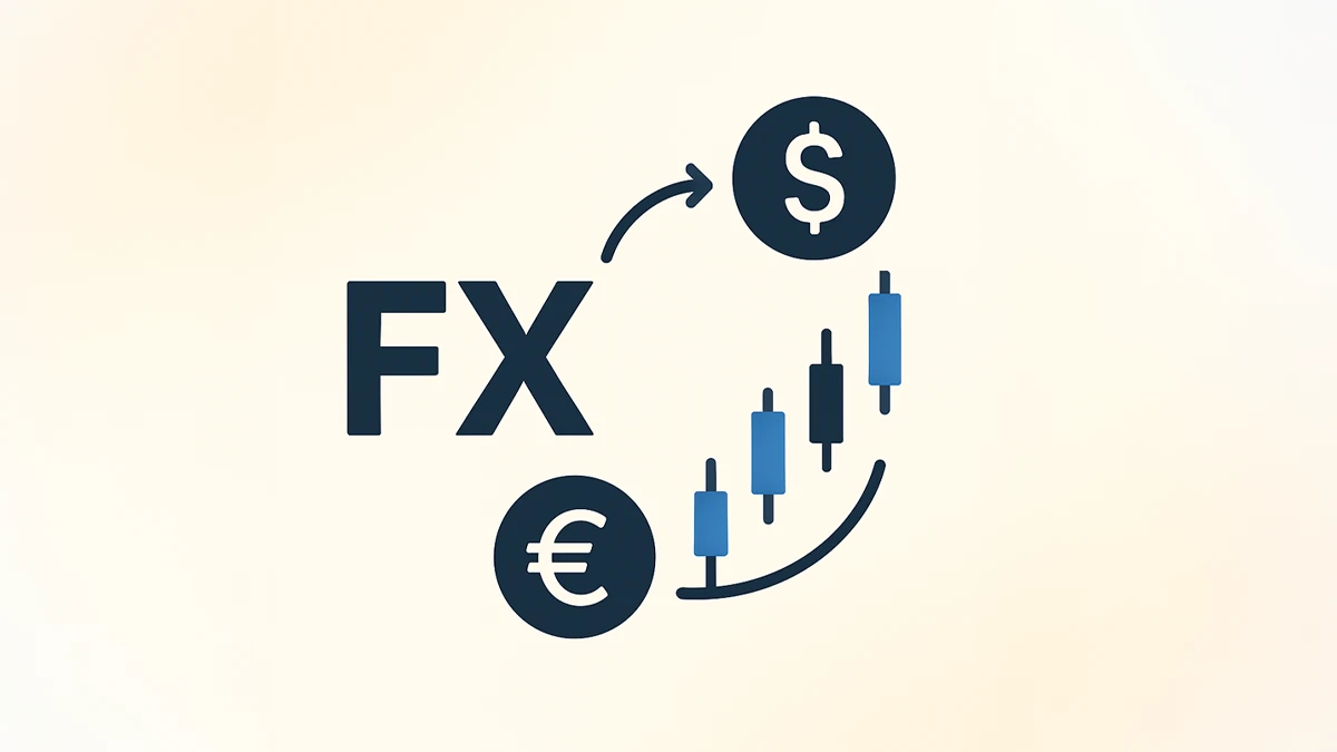 Illustration of 'What is FX': Representing foreign exchange trading with dollar and euro symbols and rising candlestick charts.