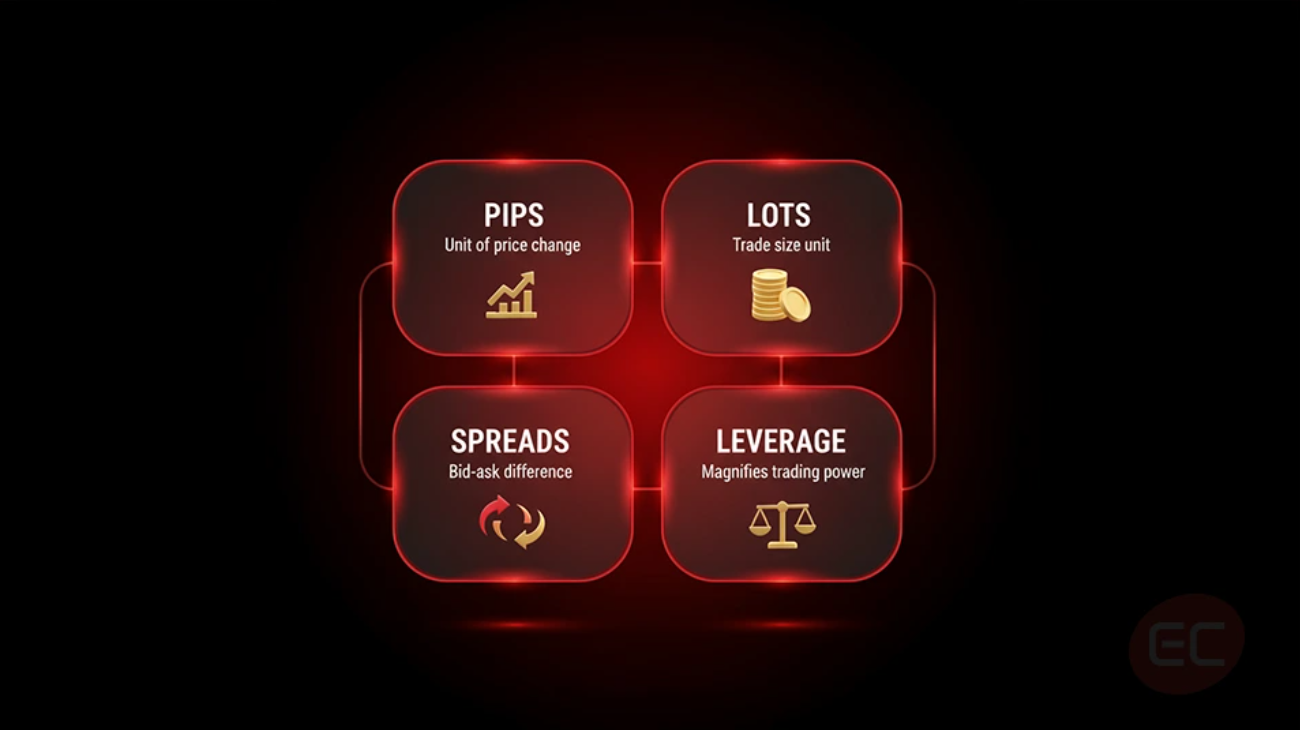 Overview of core trading terms including pips, lots, spreads and leverage.