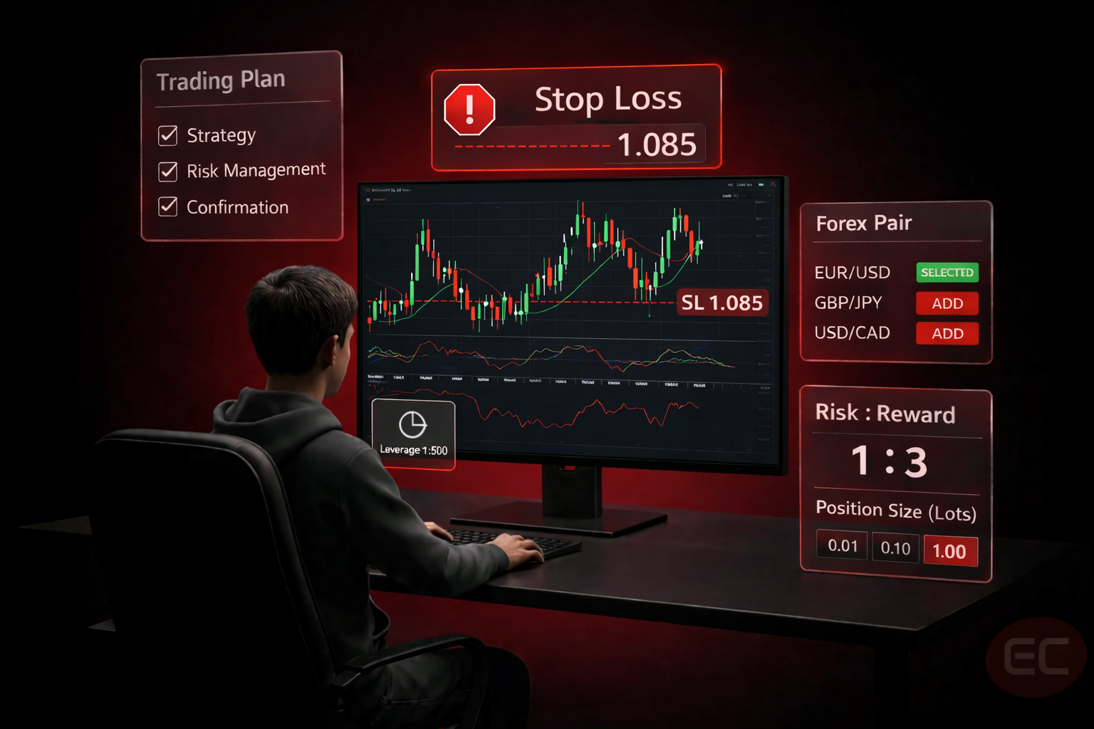 A forex trader managing trading risks using a stop-loss order and position sizing tools.