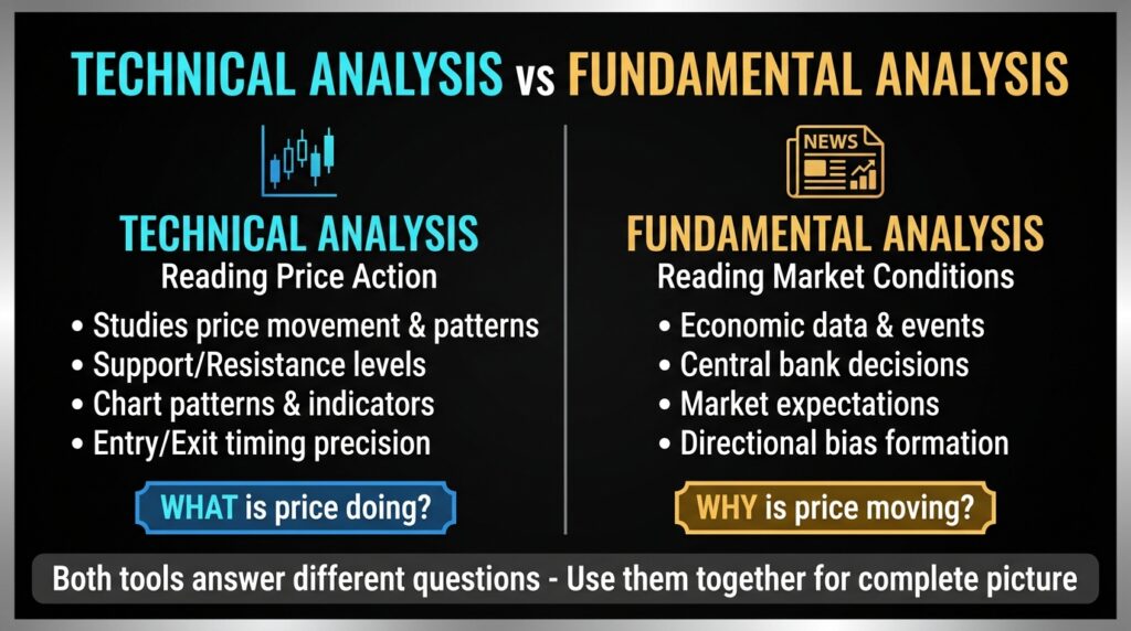 Image comparing technical vs fundamental analysis side-by-side showing the key differences, such as price action for technical and economic factors for fundamental.