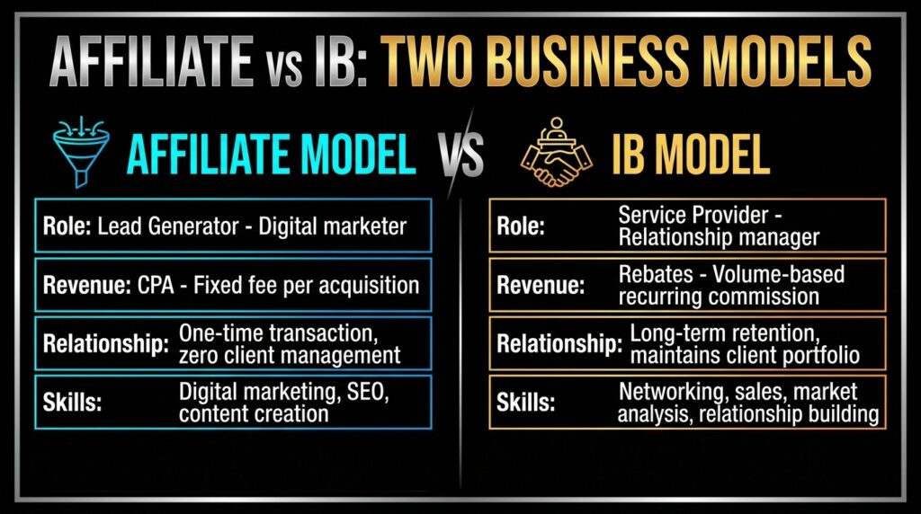 An infographic highlighting the key differences between an introducing broker and forex affiliate program.
