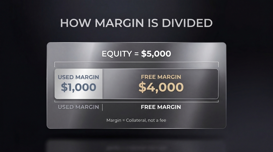 An infographic explaining what is margin in trading, showing how equity is divided between used margin and free margin.