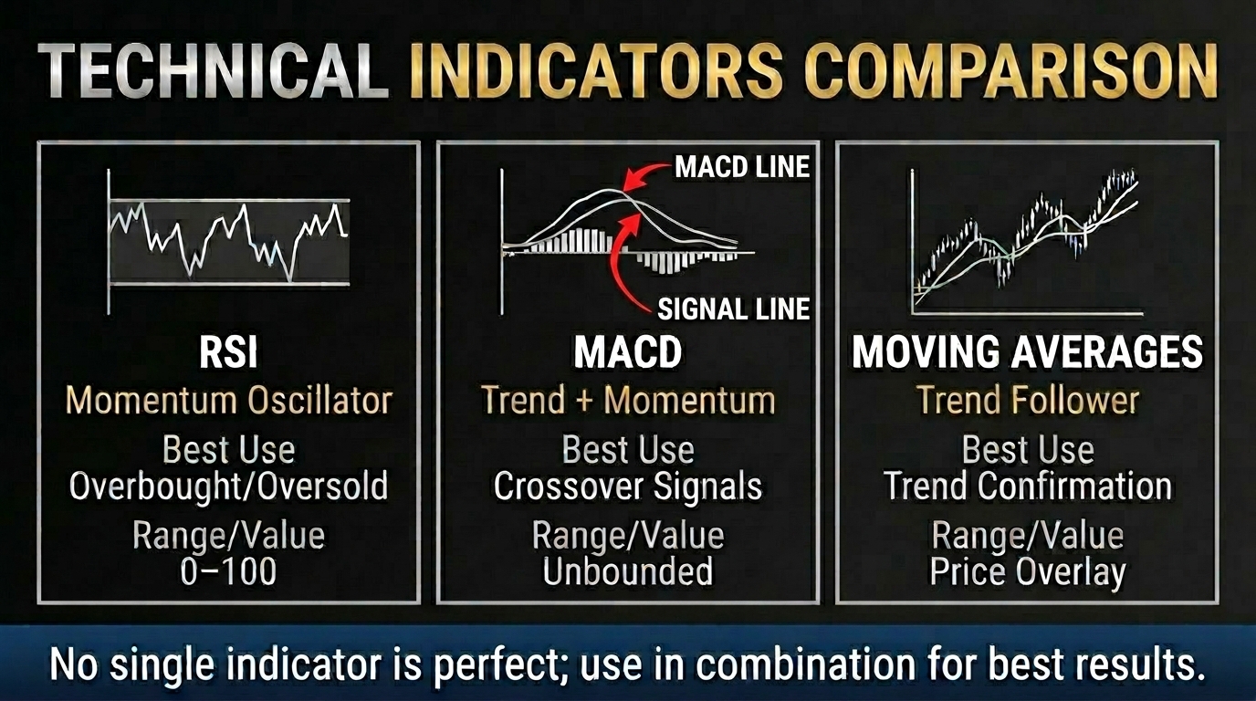 A comparison between three of the best trading indicators for technical analysis: RSI, MACD and Moving Averages.