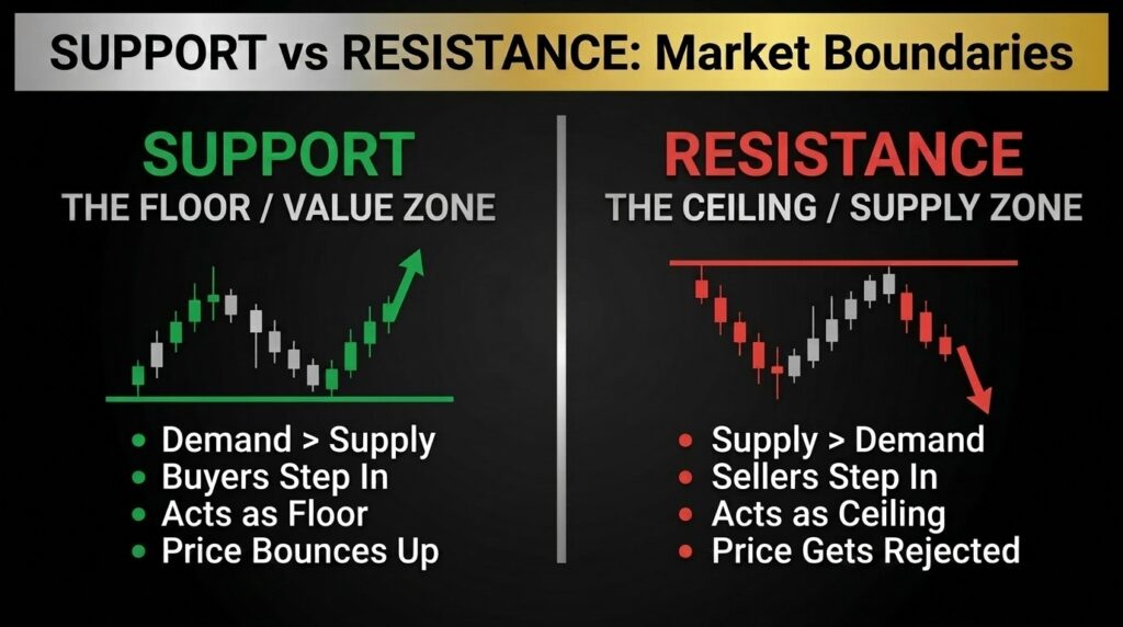 Description of what is support and resistance in trading. Support is shown as a floor and resistance as a ceiling on a price chart.