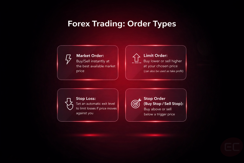 Infographic showing types of forex orders that traders can place on a forex trading platform, including market, limit and stop orders.