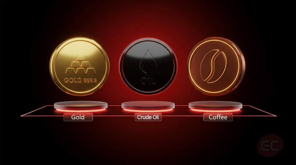 Graphic showing gold, crude oil and coffee, which fall under the commodities market.