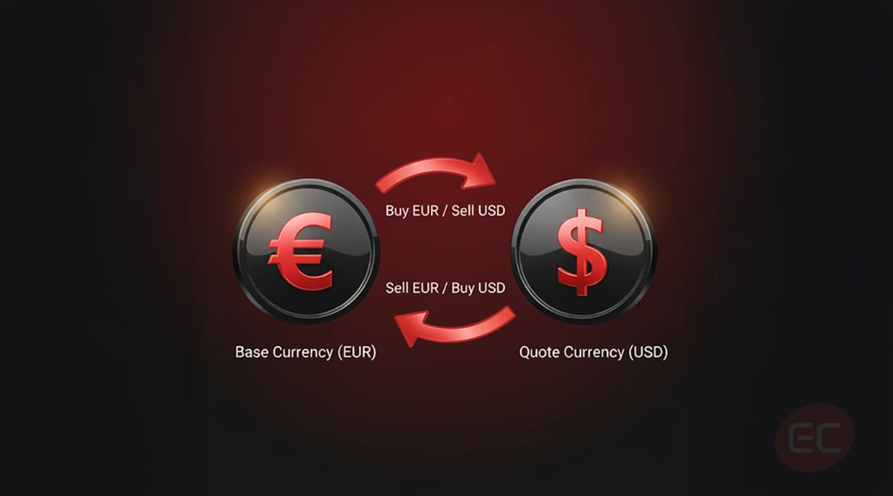 Diagram of EUR/USD currency pair with buy and sell indicators showing what is forex trading and how does it work.
