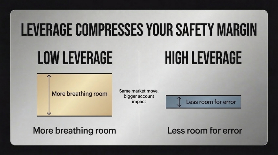 A visual representation of high versus low leverage in trading affecting room for error.