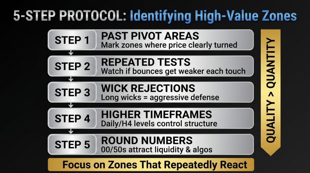 How to find support and resistance levels using the five key indicators: past pivot areas, bounce strength, long wicks, higher timeframes and round numbers.
