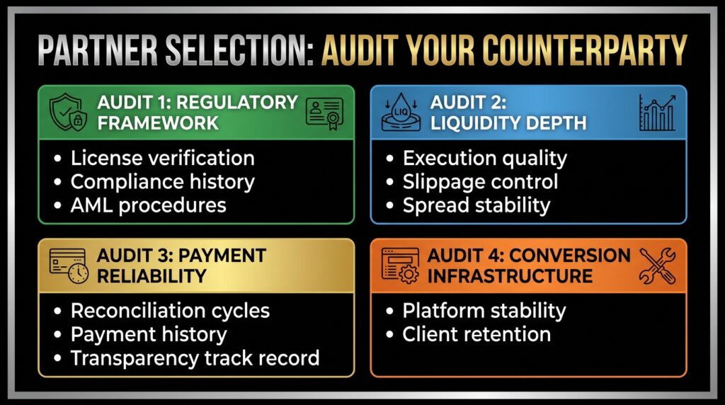 An infographic highlighting the key things to look out for when evaluating a broker for a forex partner program.