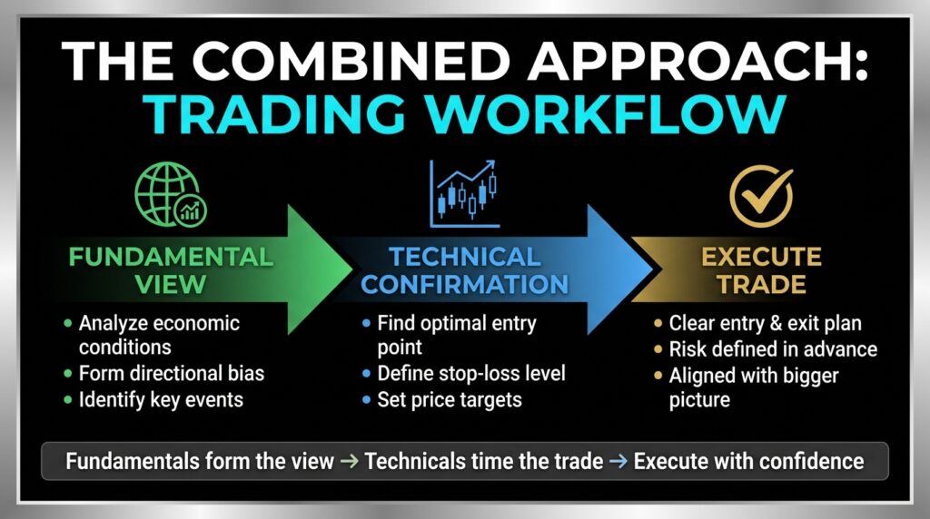 A diagram that shows a basic 3-step workflow for analysing financial markets: fundamental analysis, technical analysis, then risk management.