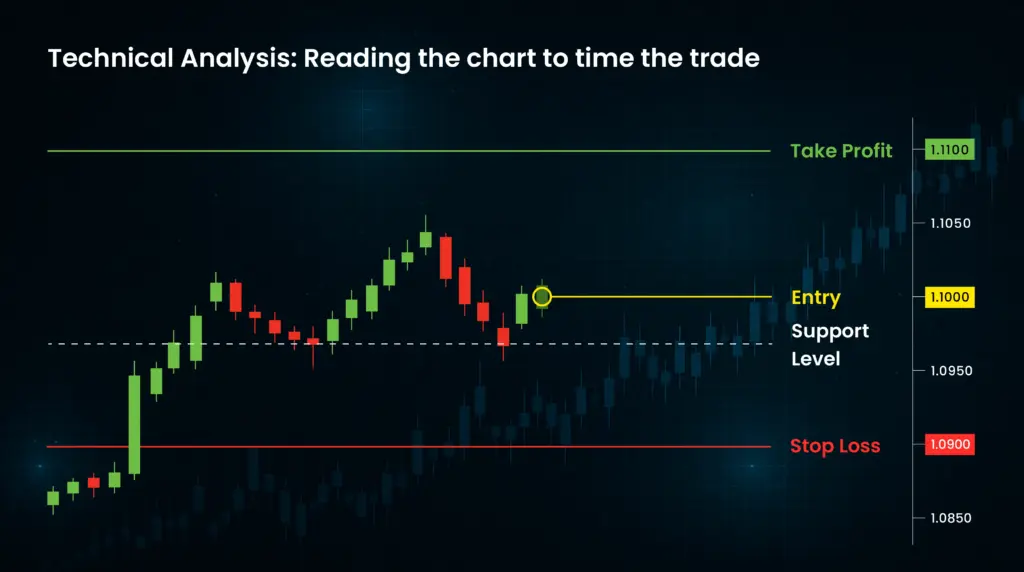 Image of a price chart showing a trade entry, with a take profit and stop loss level set as possible exit points.