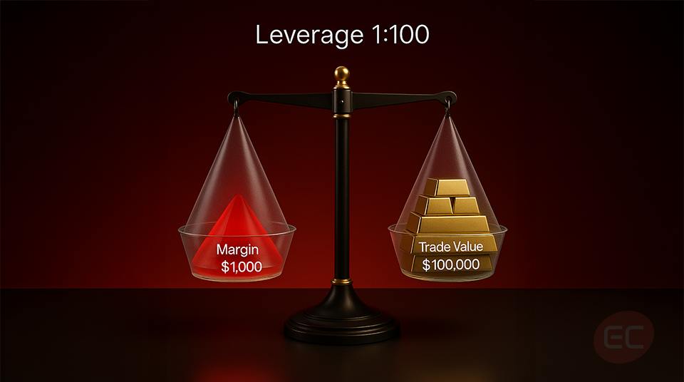 Forex leverage of 1:100 means that a margin of $1000 can open a trade value of $100000.