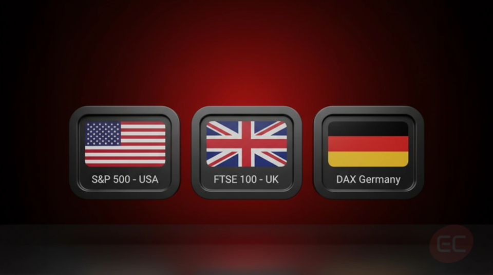 Graphic showing the S&P 500, FTSE 100 and DAX, which are popular indices among traders.