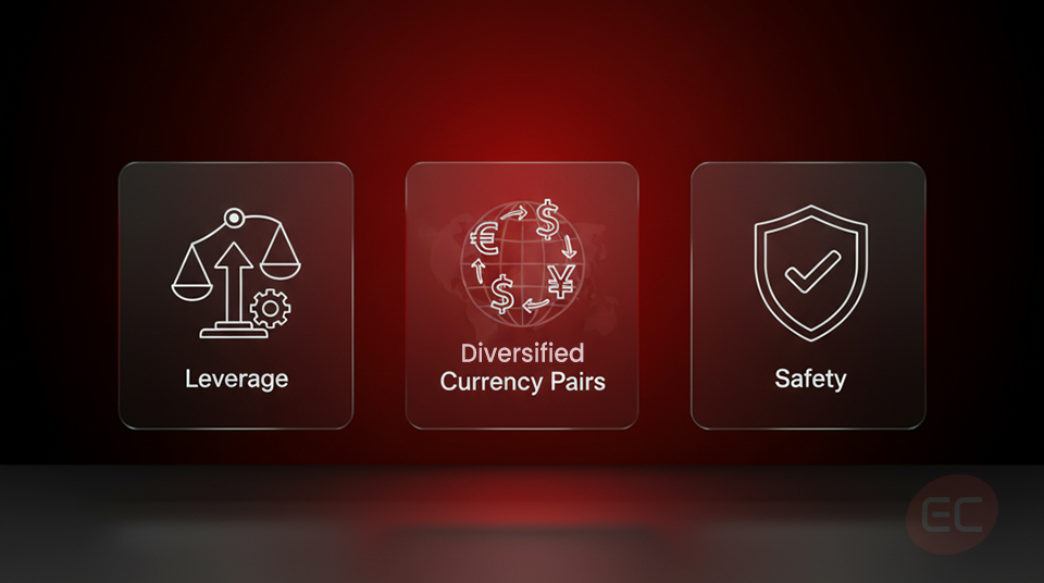 Image emphasising leverage, diversified currency pairs and safety as key aspects of a typical forex trading experience.