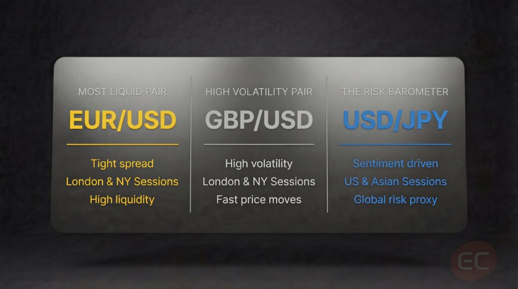Examples of major currency pairs: EUR/USD, GBP/USD and USD/JPY,m and the market behaviour comparisons between the three pairs.