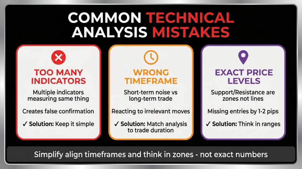 Three common mistakes in technical analysis: too many indicators, wrong timeframe and treating support and resistance as exact numbers.