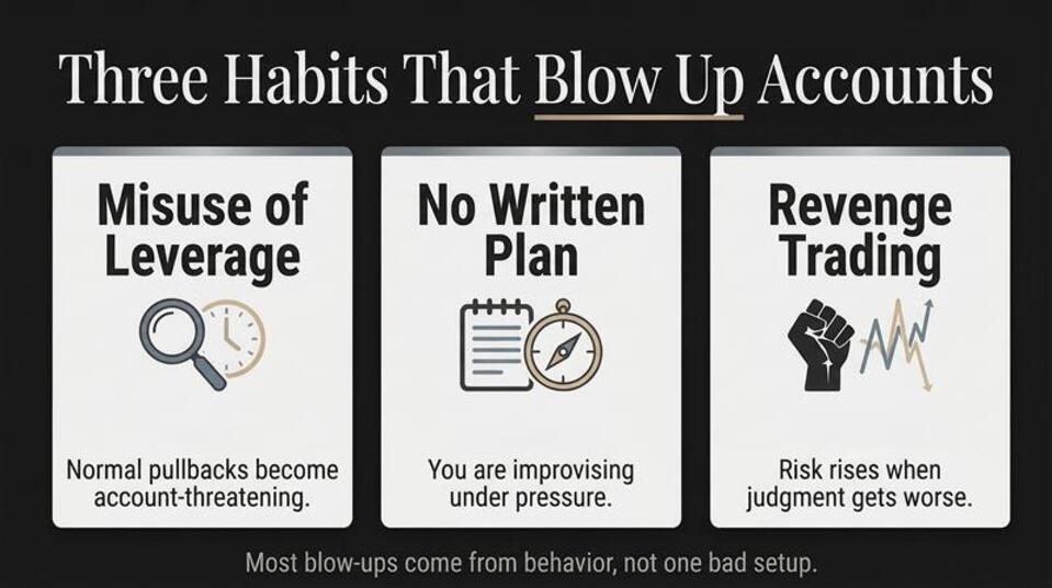 Infographic outlining three common mistakes of traders who do not practise managing trading risks.