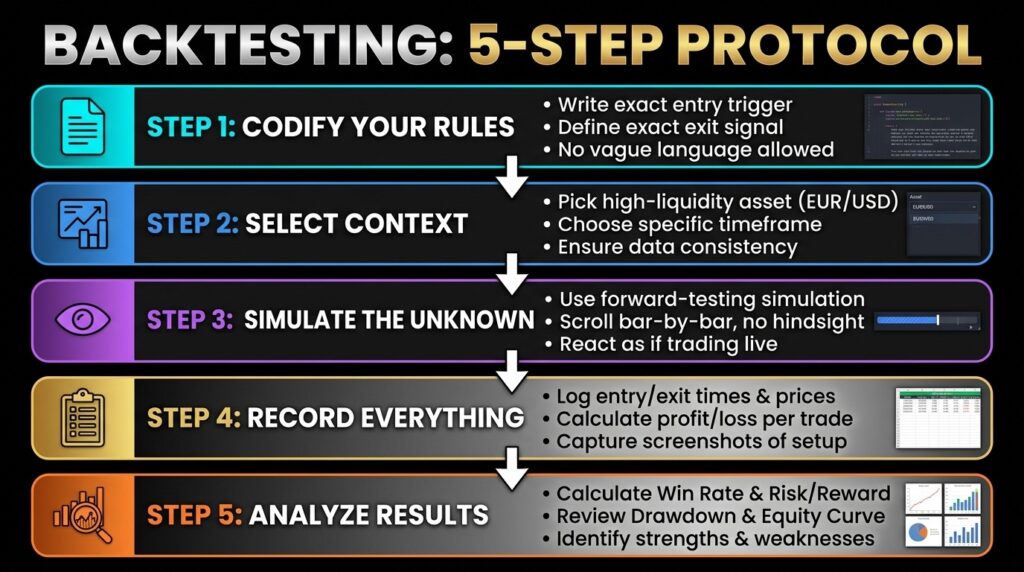 Five step process to backtest trading strategies.