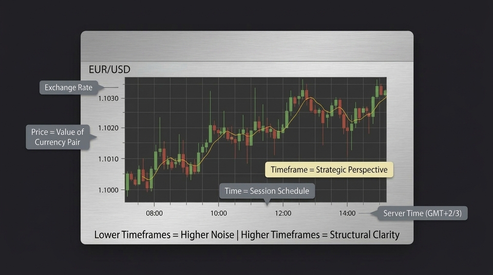 An image of a EUR/USD price chart with some key labels as guidance on how to read forex charts.