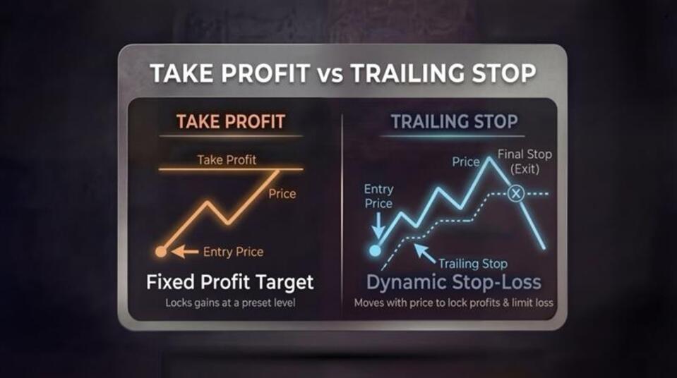 Infographic showing the difference between the take profit and trailing stop.