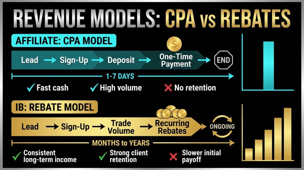 Comparison of revenue models: CPA vs Rebates. CPA model being the affiliate program and the rebates model being the IB program.