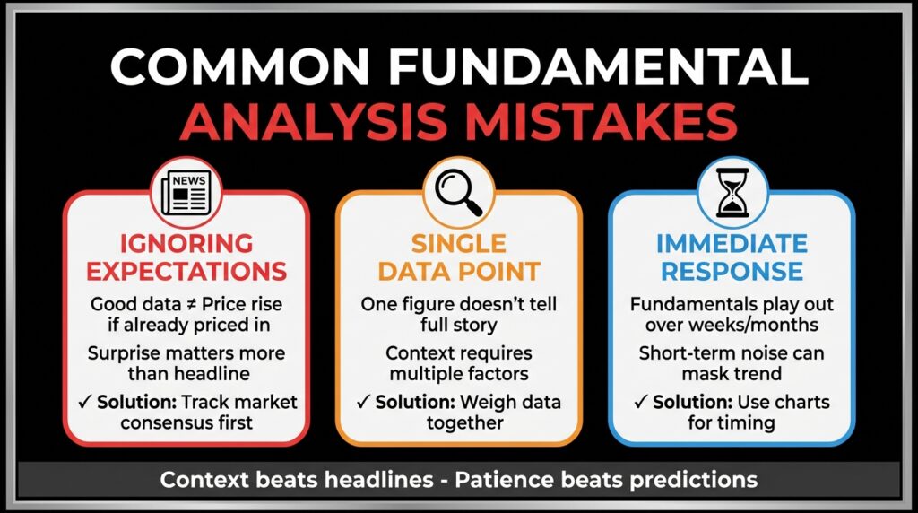 Three common mistakes in fundamental analysis: ignoring market expectations, looking at a single data point in isolation and expecting price to respond immediately to market forces.