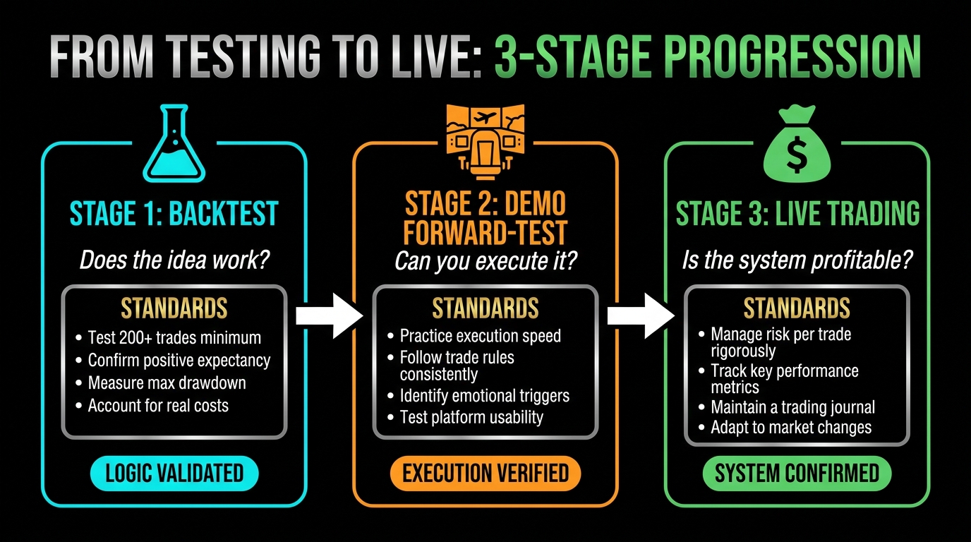Three standards to meet before transitioning from demo trading to live trading.