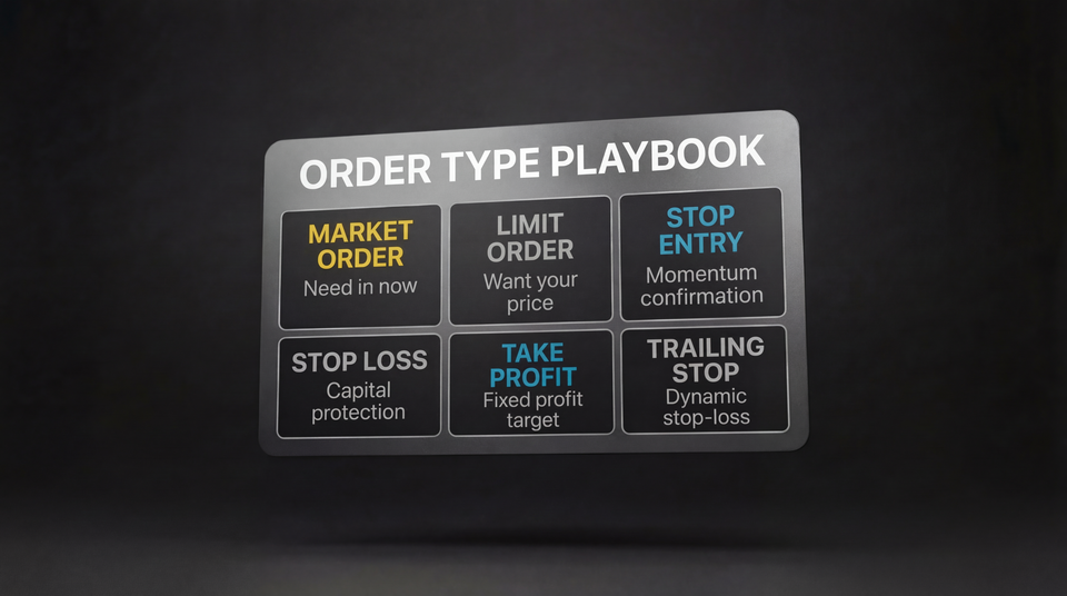 Infographic of an order type playbook to guide traders when making limit order vs stop order decisions when entering and exiting trades.