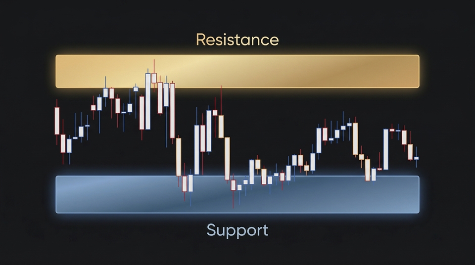 A diagram showing a candlestick pattern and where the support and resistance levels are.