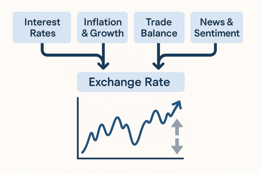 Flowchart showing factors that influence exchange rates, including interest rates, inflation and growth, trade balance, and news and sentiment.