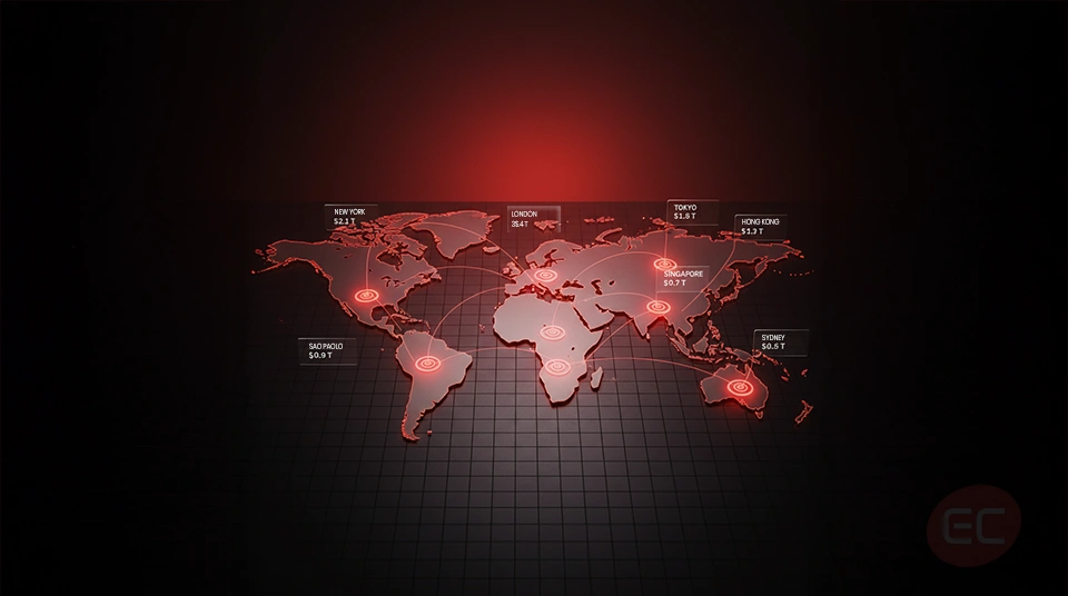 Global trading activity map showing the key players in forex markets across major financial hubs
