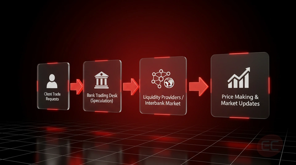 Visual breakdown of commercial and investment banks as key players in forex markets executing trades and setting prices