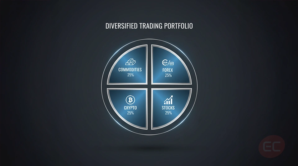Illustration of a diversified trading portfolio including forex, stocks, crypto, and commodities to
explain what is portfolio diversification for beginner traders.