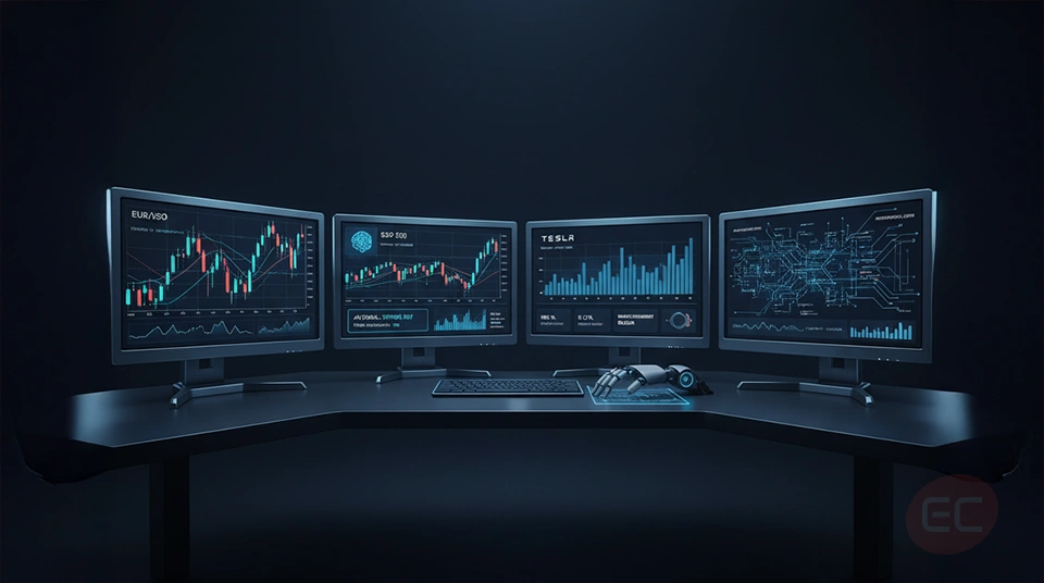 AI trading bot scanning multiple forex charts in real-time as part of an automated trading
system, illustrating how ai stock trading simplifies execution