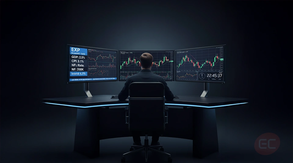Trader analyzing forex market trends using a laptop with charts, economic calendar, and global news
feed open on screen.