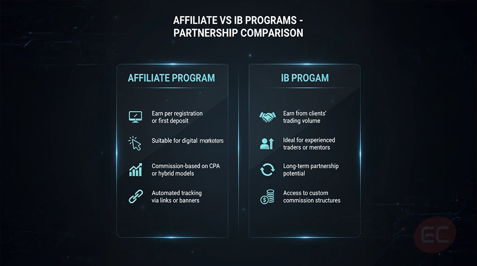 Diagram illustrating the differences between forex trading affiliate programs and IB programs,
highlighting what is an affiliate program and what is IB program in forex.