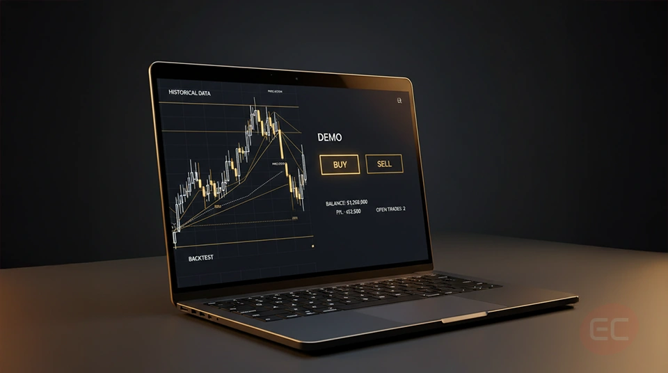 Trader using laptop showing backtesting charts and demo trading platform.