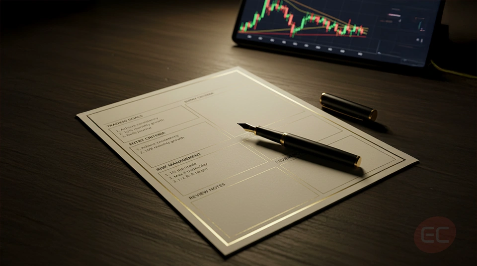 Trading plan worksheet with charts, notes, and a pen on a desk.