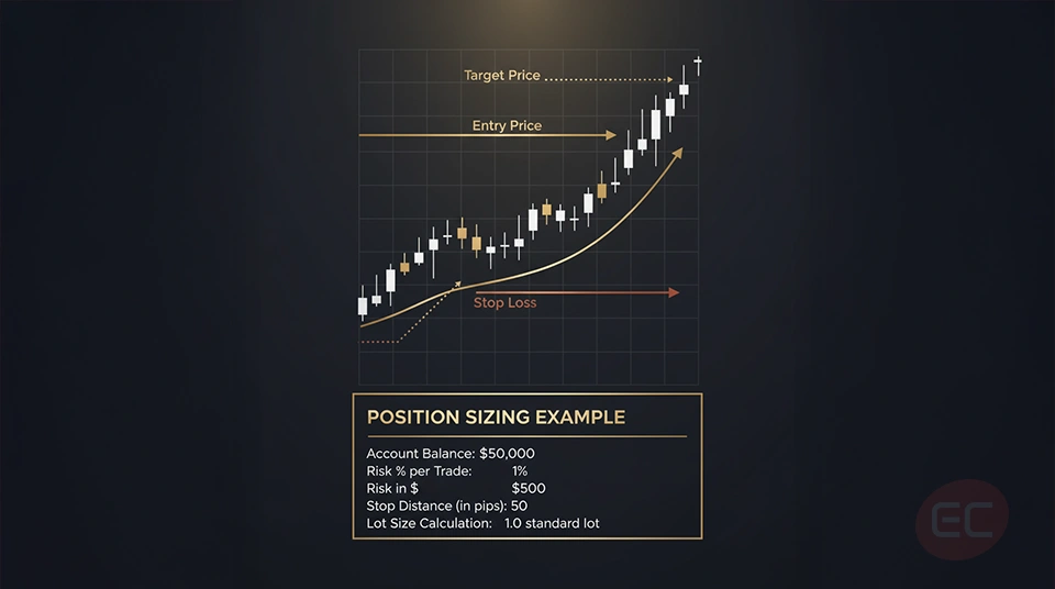 Diagram illustrating how to calculate position sizing using entry price, stop loss, and target price to demonstrate effective position sizing for risk management