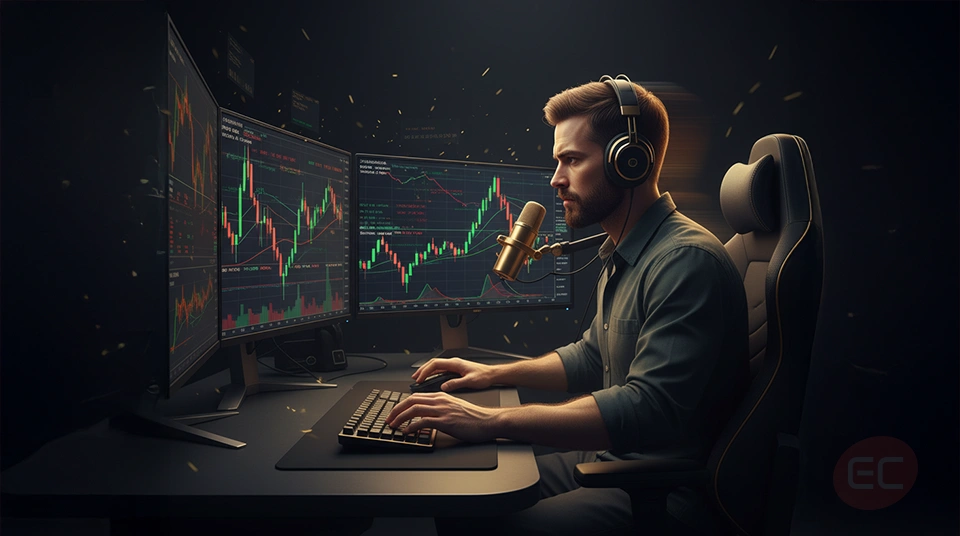 Trader closely watching multiple monitors displaying fast-moving charts, representing scalping trading as a popular trading style.