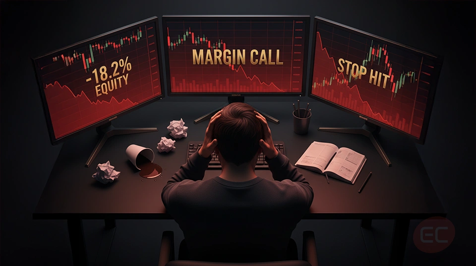 Stressed trader looking at red charts on multiple monitors, showing common mistakes in stock
trading.