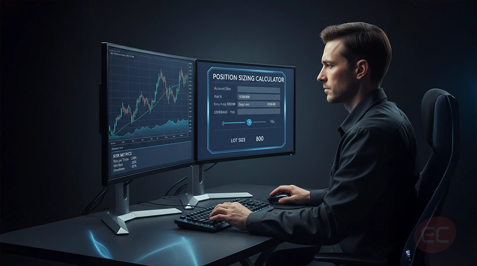 A trader analyzing charts with multiple risk management tools displayed, representing key forex risk management techniques and capital protection strategies.