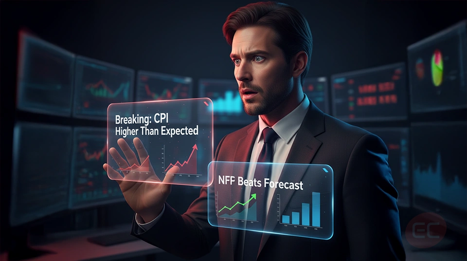 Economic Indicators & News Trading with charts showing GDP, CPI, and NFP data.