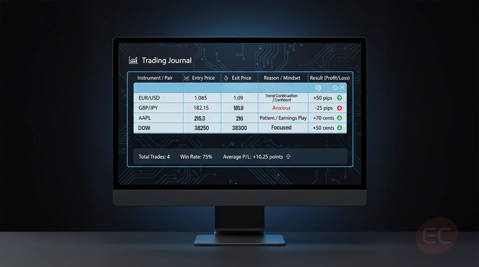 A digital trading journal showing detailed trade entries and emotional notes, illustrating how to track
trading performance effectively.