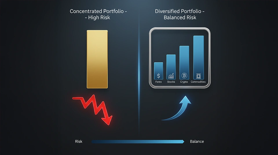 Visual example comparing a non-diversified and a diversified trading portfolio to show what is
portfolio diversification and risk management benefits.